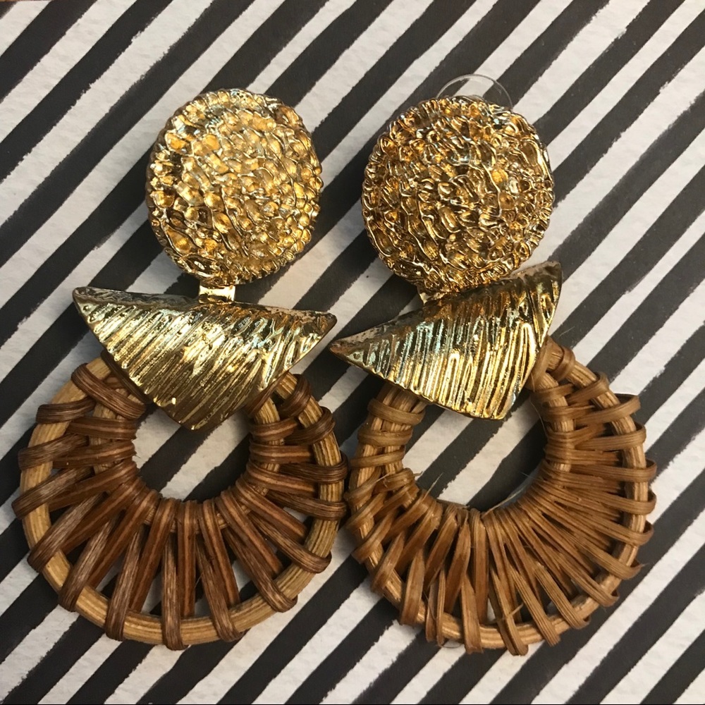 Boho Rattan Wicker Woven Dangly Post Earrings